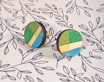 Blue Green Gold Wood Stud Earrings - Hand-painted small round wood earrings