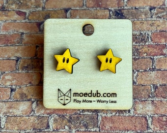 Mario Star Stud Earrings - Hand-painted small wood earrings