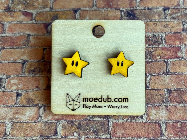 Mario Star Stud Earrings Hand-painted small wood earrings image 1