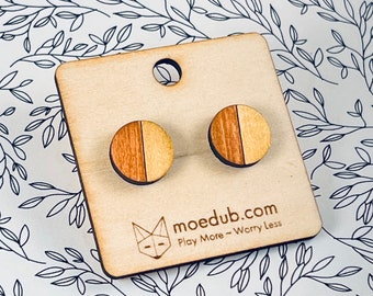 Gold and Wood Geometric Stud Earrings - Hand-painted half circle small wood earrings