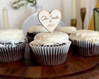 Personalized Wedding Heart Cupcake Toppers - Wood