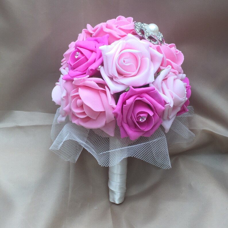 Ready Made Wedding Bridesmaid Bouquet Small Pink Foam Roses Brooch Bouquet