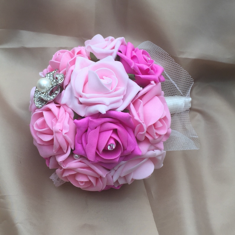 Ready Made Wedding Bridesmaid Bouquet Small Pink Foam Roses Brooch Bouquet