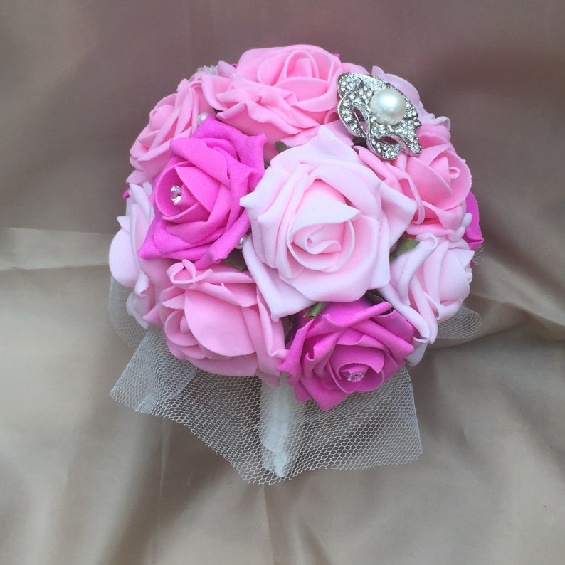 Ready Made Wedding Bridesmaid Bouquet Small Pink Foam Roses Brooch Bouquet