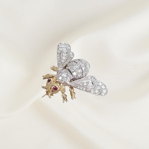 Broche de abeja con diamantes en oro de dos tonos de 14 quilates / Broche de joyería fina estilo vintage