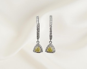 Natural Yellow Diamond Trillion Huggie Earrings • 14k White Gold Halo