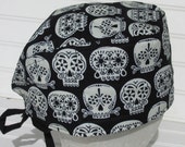 Halloween Sugar skull scrub hat, chemo hat, cancer hat, chef hat with a built in terry cloth sweat band. Glow in the dark. Handmade