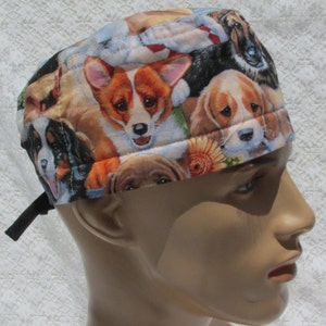 Dogs scrub cap, Veterinarian scrub cap, chemo hair loss hat with a cotton terry cloth sweatband.  Handmade in the USA.