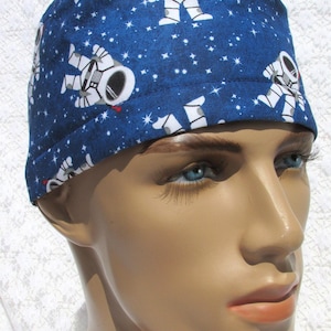 Astronaut space men scrub cap, chemo hair loss hat, chef&#39;s hat with a cotton terry cloth sweatband.  Handmade in America.