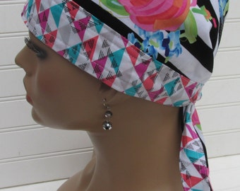 Womens scrub hat, skull cap, doo rag, chemo hat, cancer hat, chef's hat with a built in terry cloth sweat band.  Handmade.