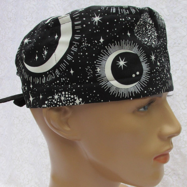 Glow in the dark moon and stars scrub hat, chemo hat, chef's hat with a cotton terry cloth sweat band.  Hand made in the USA.
