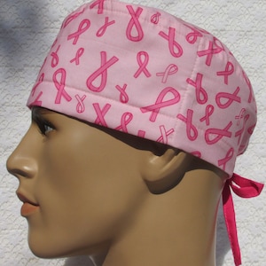 Breast cancer scrub cap, chemo hat, cancer hat with a cotton terry cloth sweat band.  Hand made in the USA.