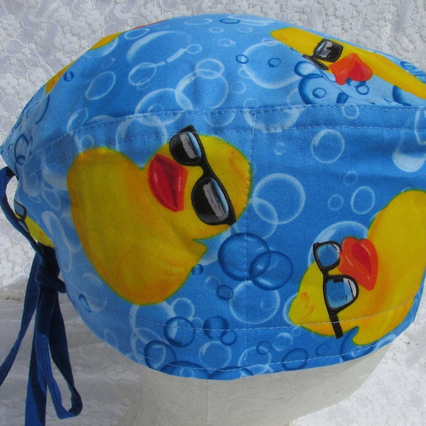 Rubber Duck scrub hat, chemo hat, cancer hat, chefs hat with a built in terry cloth sweat band.  Handmade in the USA.