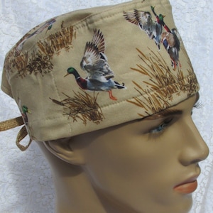 Mallard duck scrub cap, chemo hair loss hat, chef hat.  Handmade in America.