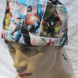 Comic character scrub hat, surgical tech, chemo hair loss hat, chef hat with a cotton terry cloth sweatband.  Handmade in America.