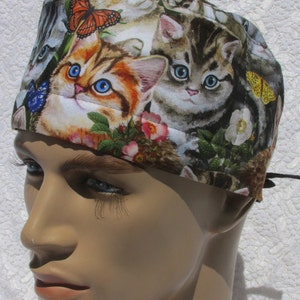 Cat scrub cap, chemo hat, scrub hat, chef&#39;s hat with a cotton terry cloth sweat band.  Hand made in the USA.