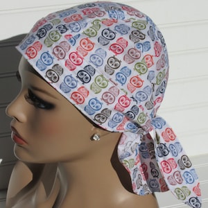 Owl scrub cap, chemo hair loss hat, bandana.  Handmade in America.