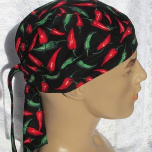 Handmade red chili pepper skull cap bandana hair loss hat with sweatband.
