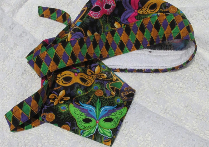 Mardi Gras skull cap doo rag Handmade in the USA. chemo hat scrub hat with a built in terry cloth sweat band cancer hat