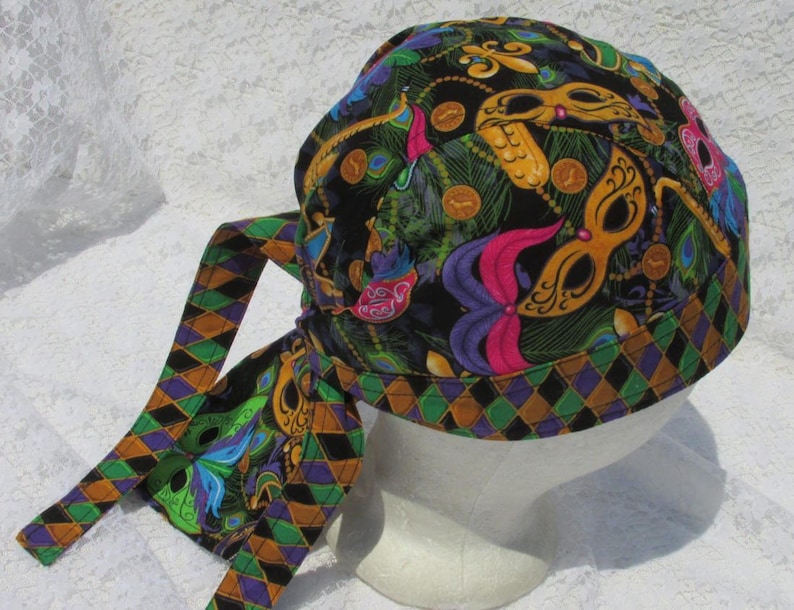 Mardi Gras skull cap doo rag Handmade in the USA. chemo hat scrub hat with a built in terry cloth sweat band cancer hat