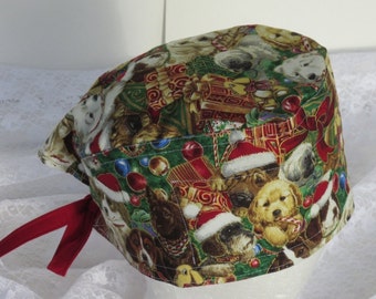 Puppy Dog Santa's surgical scrup hat, chemo hat, cancer hat, scrub hat, vet hat.