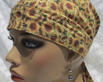 Sunflower head wrap, skull cap, doo rag, chemo hat, cancer hat with a cotton terry cloth sweat band.  Hand made in the USA.