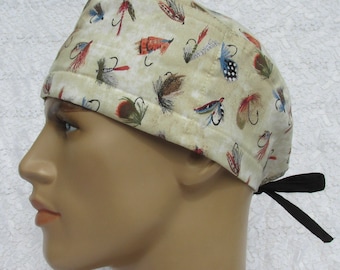 Fishing hooks, fishing lures scrub hat, chemo hat, chef's hat with a cotton terry cloth sweat band.  Hand made in the USA.