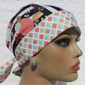 Handmade floral bandana hat chemo hair loss hat scrub cap with sweatband.