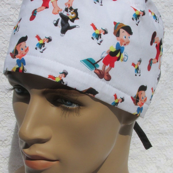 Character scrub hat, chemo hat, chef hat with a cotton terry cloth sweat band.  Hand made in the USA.