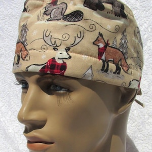 Wildlife scrub cap, surgical tech, chemo hair loss hat with a cotton terry cloth sweatband.  Handmade in America.