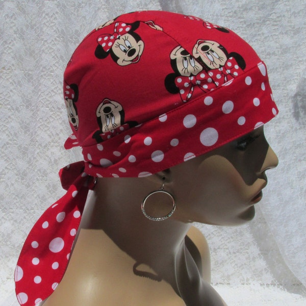 Fun character chemo cap, scrub hat, cancer hat, hair loss hat with a cotton terry cloth sweat band.  Handmade in the USA.