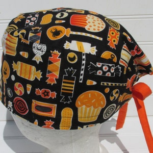 Handmade Halloween candy medical scrub cap chemo hair loss hat chef hat.