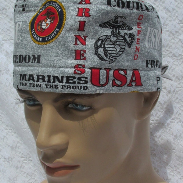 United States Marine Corps scrub hat, chemo hat, chef hat with a cotton terry cloth sweat band.  Hand made in the USA.