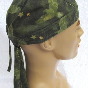Patriotic sage green camouflage eagle doo rag, hair loss hat, bandana hat with a terry cloth sweatband.  Handmade in America.