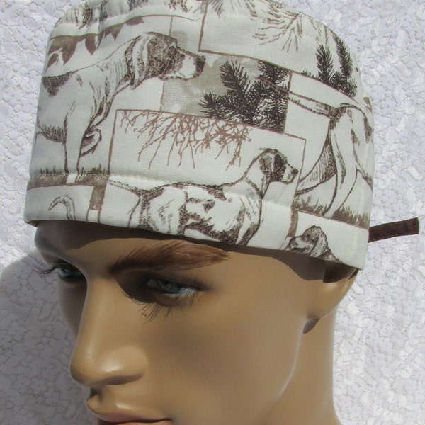 Hunting dog's scrub hat, chemo hat, chef's hat with a cotton terry cloth sweat band.  Hand made in the USA.