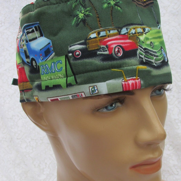 Hawaiian scrub hat, chemo hat, chef's hat with a cotton terry cloth sweat band.  Hand made in the USA.