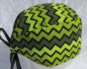 Shades of green chevron medical scrub hat, chemo hat, cancer hat, chef's hat with a built in terry cloth sweat band.  Handmade in the USA.