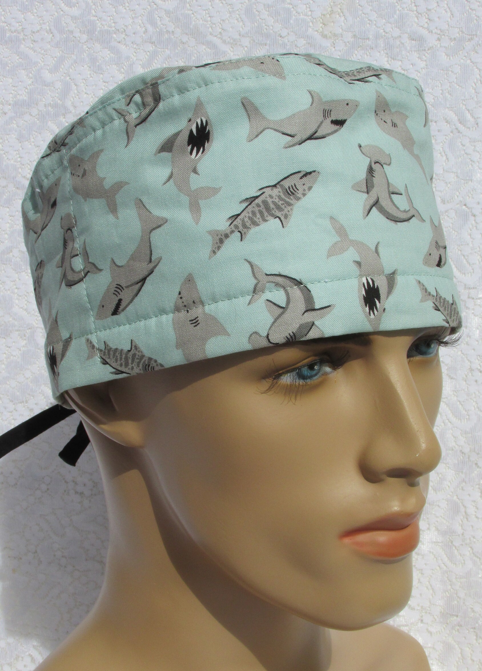 Aknackforfabric Shark Scrub Hat, Chemo Hat, Chef's Hat with A Cotton Terry Cloth Sweat Band. Handmade in The United States of America.