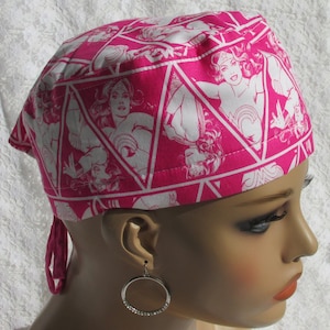 Women&#39;s pink scrub cap chemo hair loss hat with a cotton terry cloth sweatband.  Handmade in the USA.