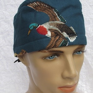 Mallard duck medical scrub cap, chemo hair loss hat, chef hat.  Handmade in America.
