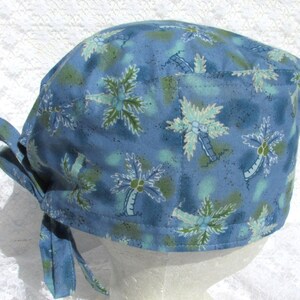 Palm tree surgical scrub cap, surgical tech, chemo hair loss hat with a cotton sweatband.  Handmade in America.