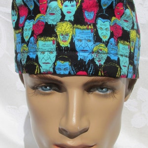 Monster scrub hat, surgical tech, chemo hair loss hat, chef hat with a cotton terry cloth sweatband. Handmade in America.