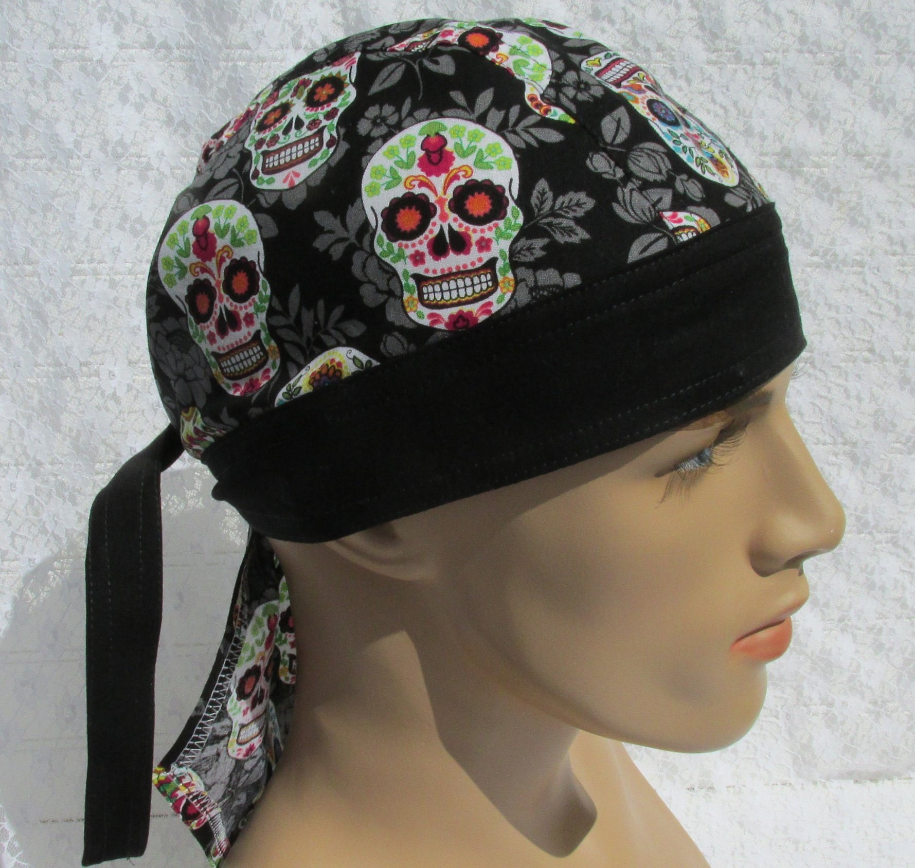 Sugar Skull Cap Do Rag Chemo Hat Cancer 