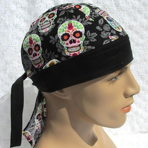 Sugar skull bandana, chemo hair loss hat, skull cap, doo rag.  Handmade in America