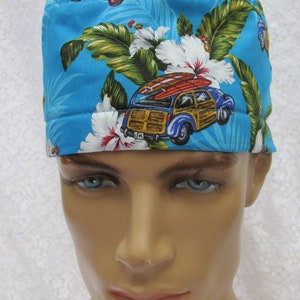 Hawaiian jeepney with surf boards and floral print scrub hat with a terry cloth sweat band.  Hand made in the USA.