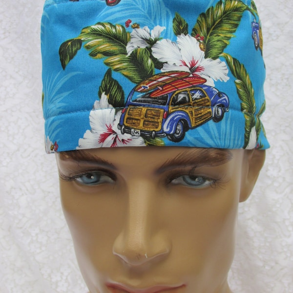 A cool Hawaiian Jeepney with surf boards and floral print scrub hat with a terry cloth sweat band.  Hand made in the USA.