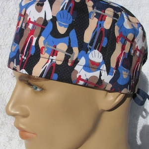 Bike cycling scrub cap, chemo hair loss hat, doctor gift.  Handmade in America.