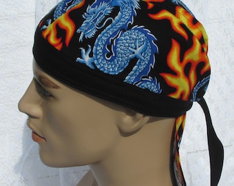 Dragon skull cap, doo rag, chemo hat, chef's hat with a built in terry cloth sweat band.  Handmade in the USA.