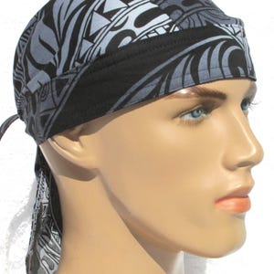 Handmade Polynesian tribal skull cap chemo hair loss hat bandana with sweatband.