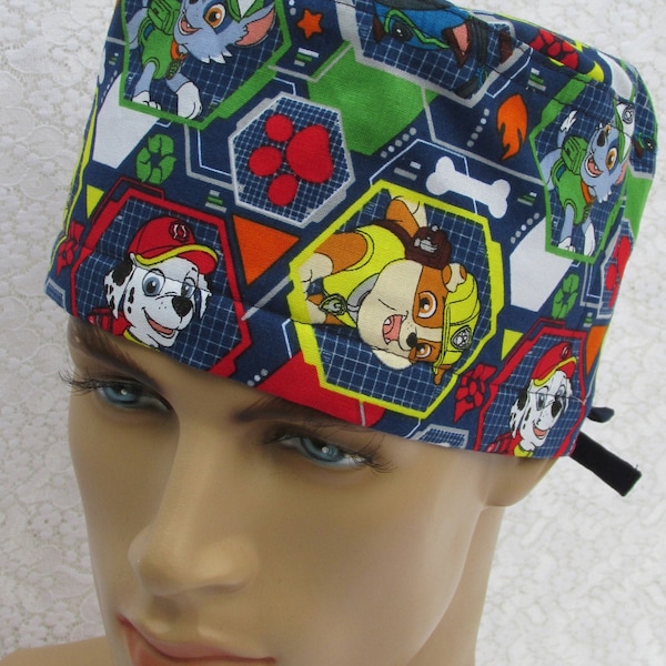 Fun character scrub hat, chemo hat, chef's hat with a cotton terry cloth sweat band.  Handmade in the United States of America.